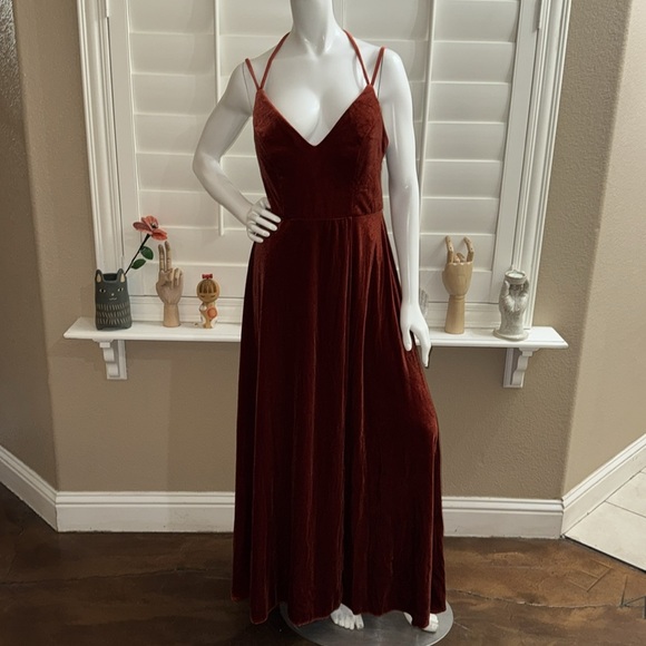 AZAZIE SORA Terracotta Flowy Halter Bow Velvet Maxi Dress - Picture 1 of 10